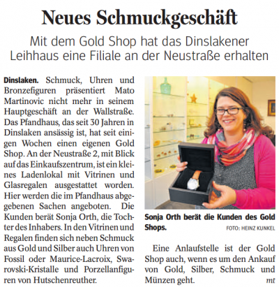 Berichterstattung über den Gold Shop aus Dinslaken in der NRZ